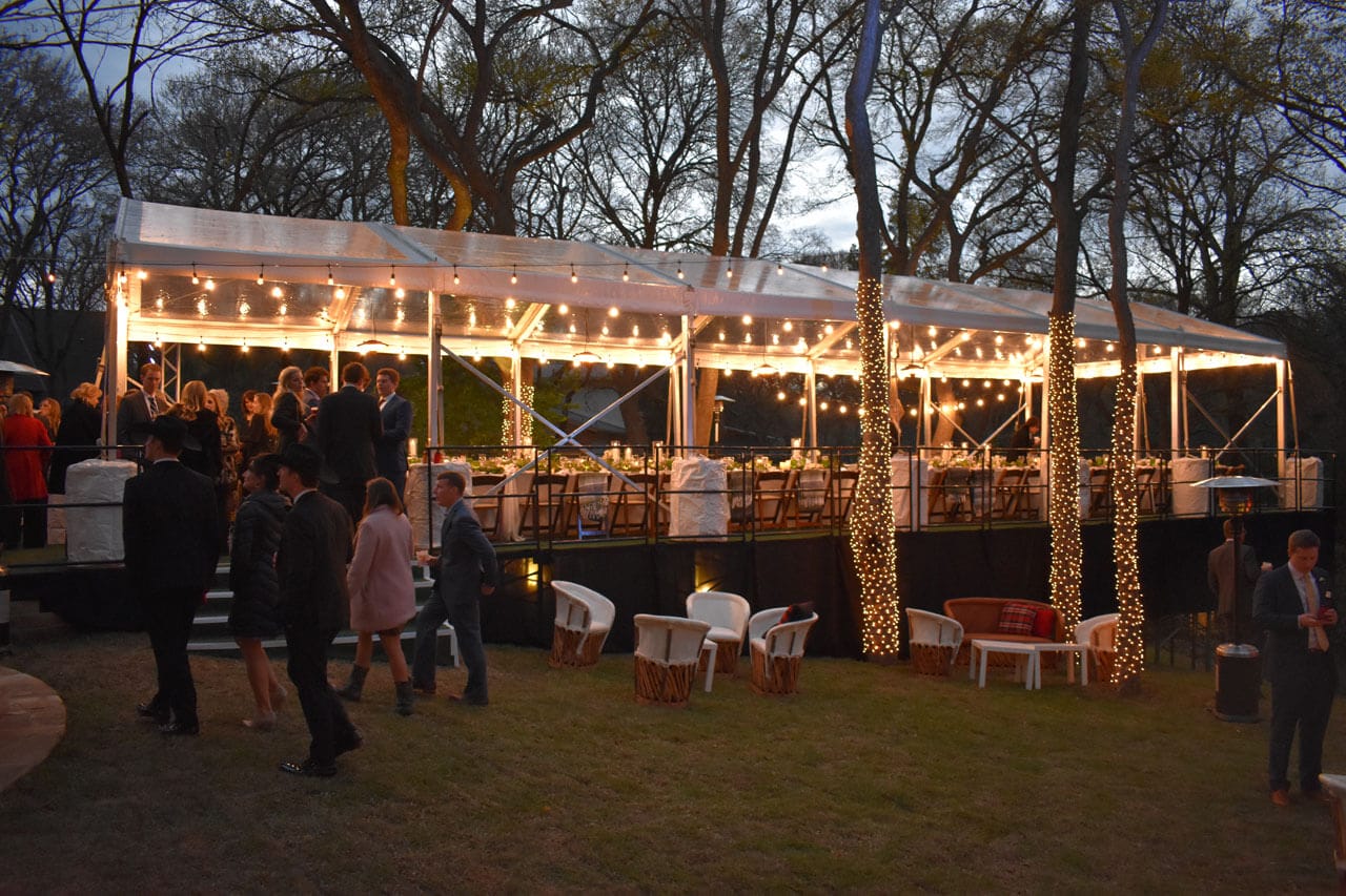 stage built to support a tent on steep grade